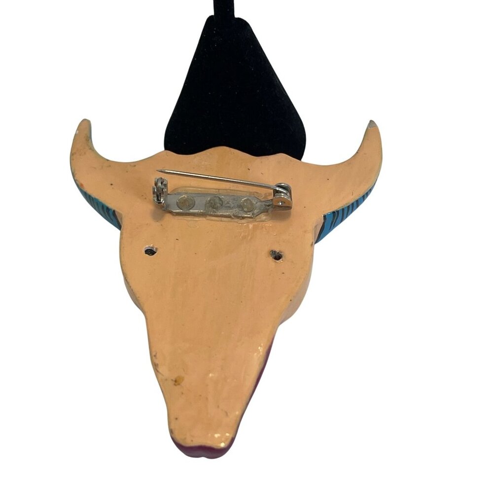 Southwest Western Cow Skull Pin Wire Earrings Set Artisan Painted Brooch READ - Picture 4 of 9